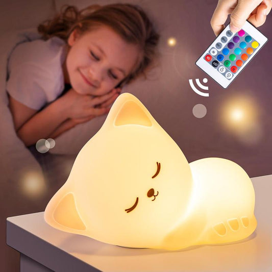 Cute Cat Design Night Light, Rechargeable Color Changing Night Light with Remote Control, Dimmable Night Light for Kids, Bedside Lamp for Nursery Decoration