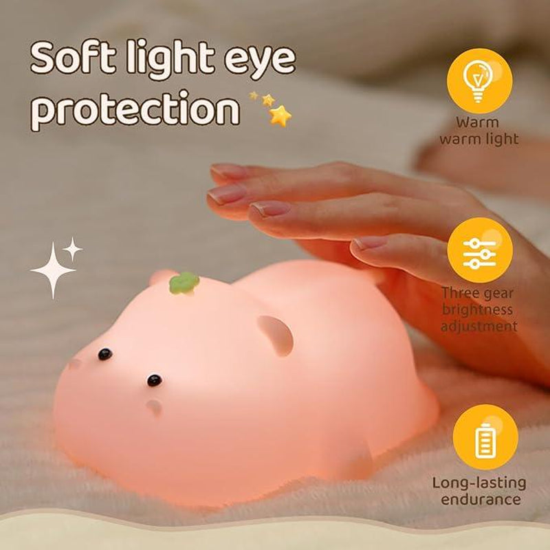 Pink Hippo Night Light, Rechargeable LED Touch Lamp, 3 Level Dimmable Nursery Nightlight, Food Grade Silicone, Cute Night Light for Room, Gifts for Kids Girls Boys
