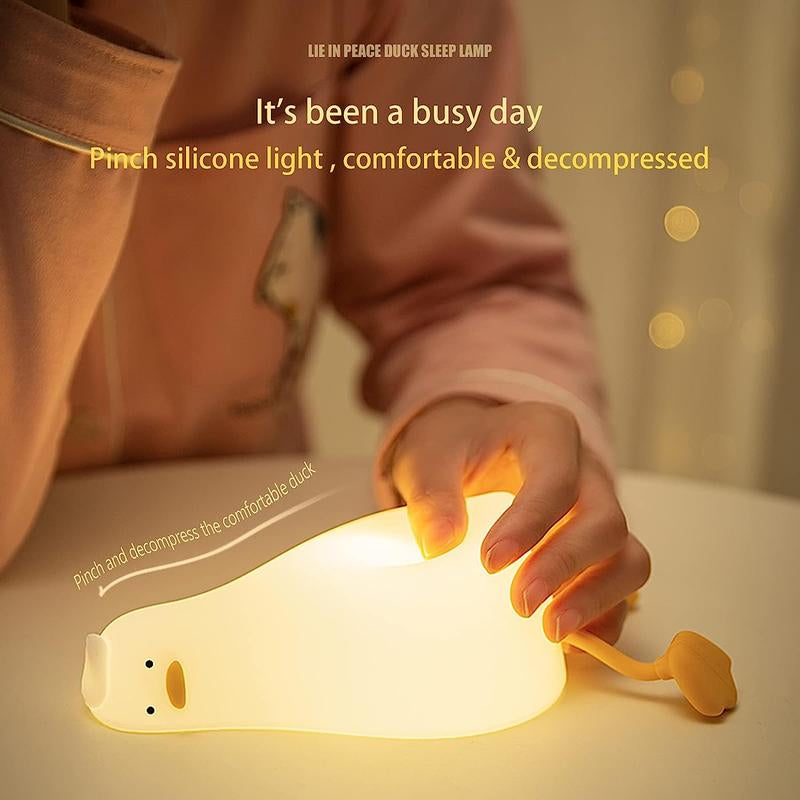 DORABOL Silicone Lying Duck Night Light with Touch Sensor LED 30-Minute Timer, Cute Squishy Dimmable Nursery Light, Rechargeable Lamp, Phone Holder
