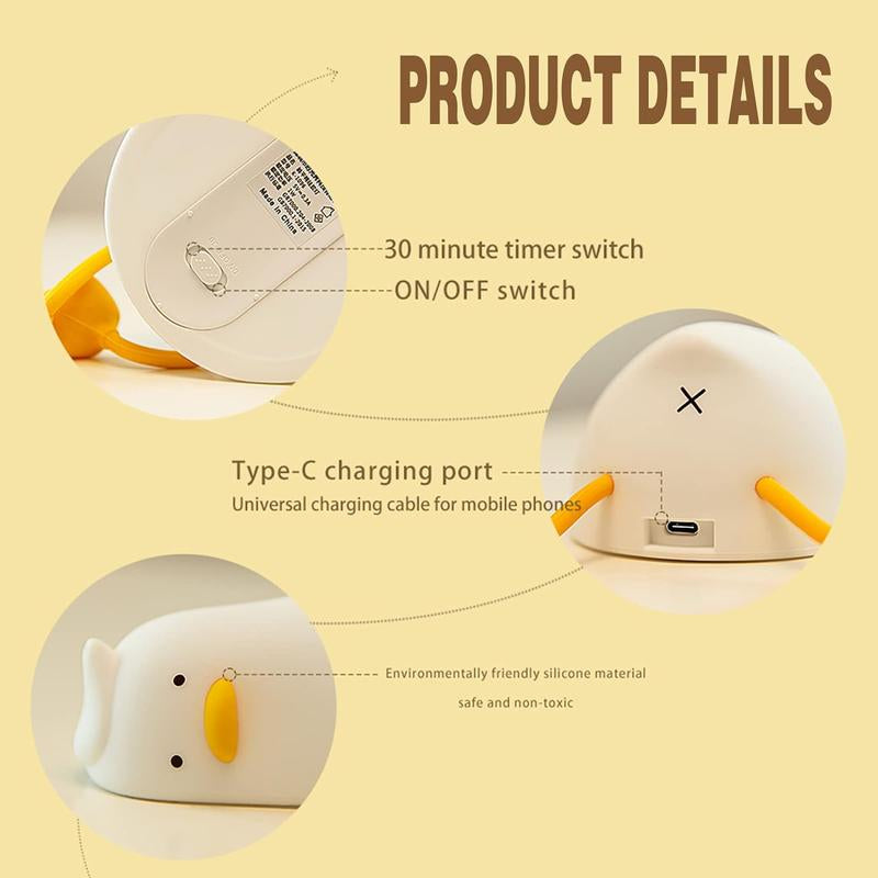 DORABOL Silicone Lying Duck Night Light with Touch Sensor LED 30-Minute Timer, Cute Squishy Dimmable Nursery Light, Rechargeable Lamp, Phone Holder