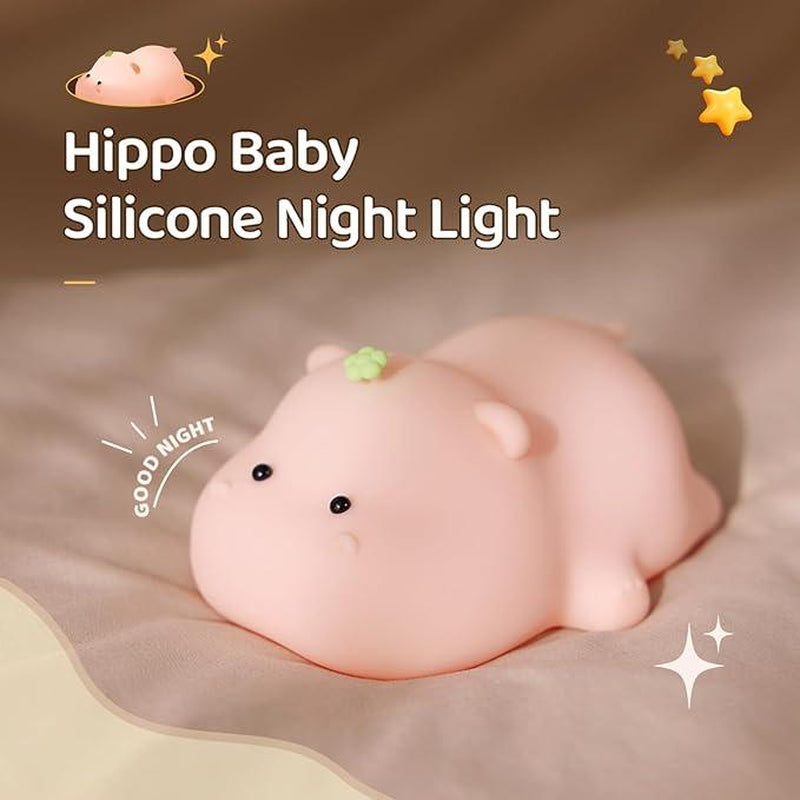 Pink Hippo Night Light, Rechargeable LED Touch Lamp, 3 Level Dimmable Nursery Nightlight, Food Grade Silicone, Cute Night Light for Room, Gifts for Kids Girls Boys