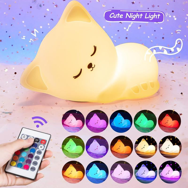 Cute Cat Design Night Light, Rechargeable Color Changing Night Light with Remote Control, Dimmable Night Light for Kids, Bedside Lamp for Nursery Decoration
