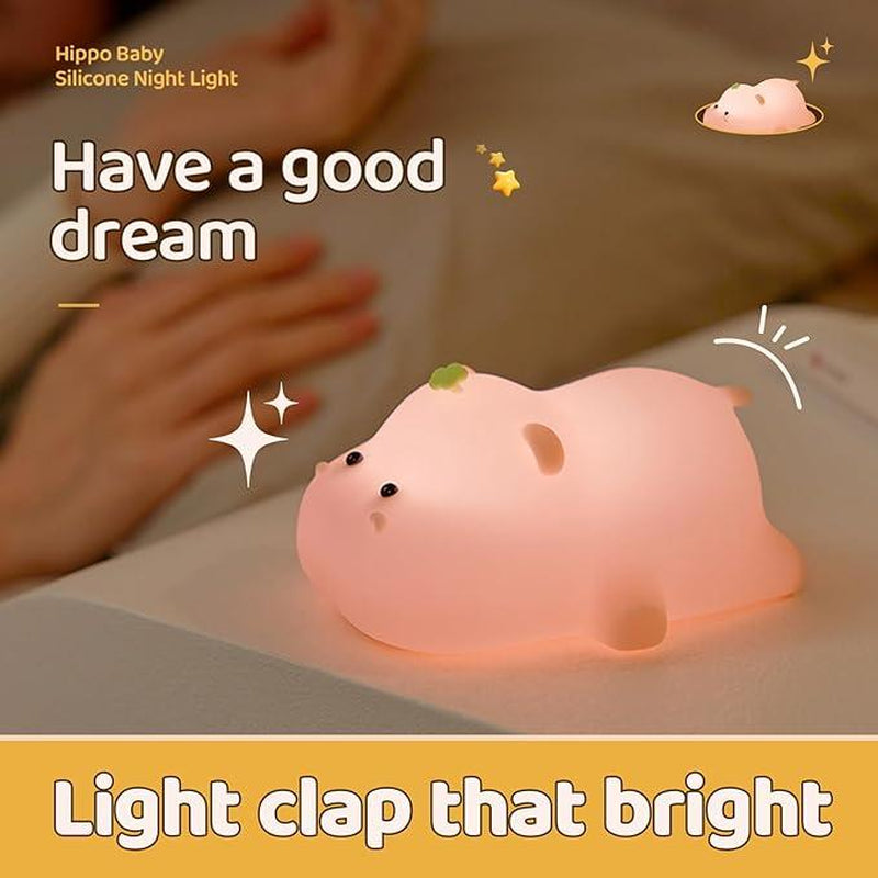 Pink Hippo Night Light, Rechargeable LED Touch Lamp, 3 Level Dimmable Nursery Nightlight, Food Grade Silicone, Cute Night Light for Room, Gifts for Kids Girls Boys
