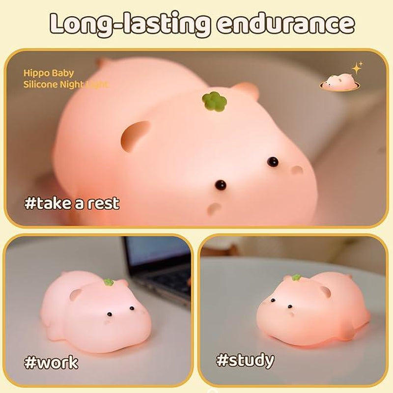 Pink Hippo Night Light, Rechargeable LED Touch Lamp, 3 Level Dimmable Nursery Nightlight, Food Grade Silicone, Cute Night Light for Room, Gifts for Kids Girls Boys